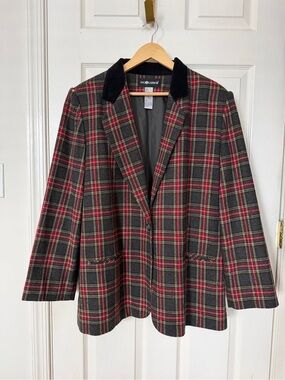 Vintage Sag Habor Wool Tartan Plaid Blazer with Velvet Collar